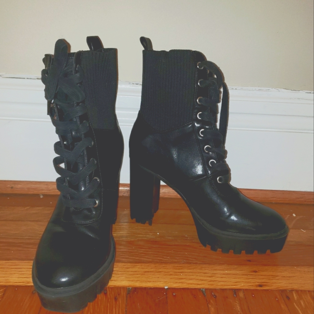 Faux Leather 4" Combat Style Boots BLACK Size 7